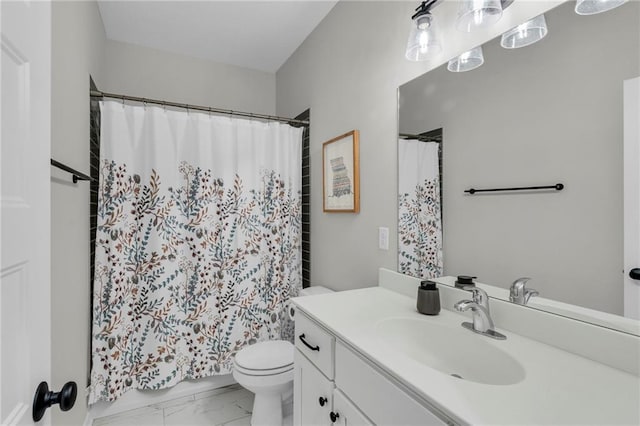 full bathroom featuring marble finish floor, vanity, toilet, and a shower with curtain