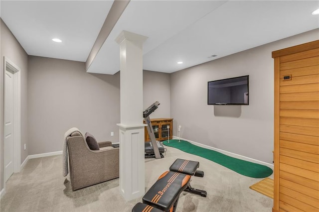 exercise area with carpet, baseboards, and recessed lighting