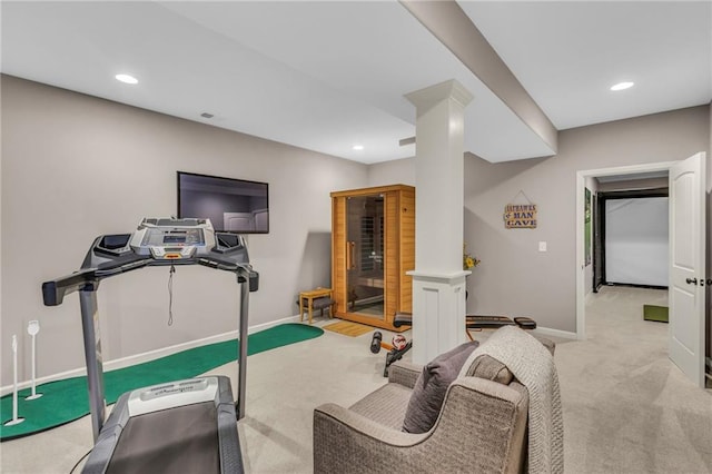 workout area with carpet floors, recessed lighting, and baseboards