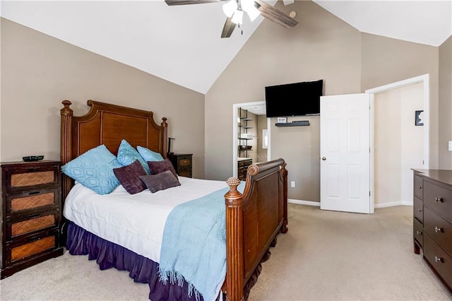 bedroom with light carpet, ceiling fan, high vaulted ceiling, and baseboards