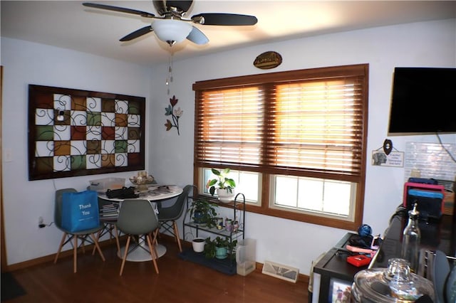 dining space featuring a ceiling fan, dark wood finished floors, visible vents, and baseboards