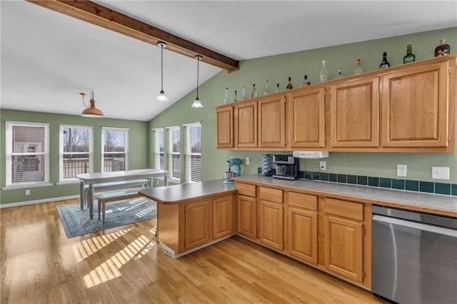 kitchen with dishwasher, a peninsula, light wood finished floors, and decorative light fixtures