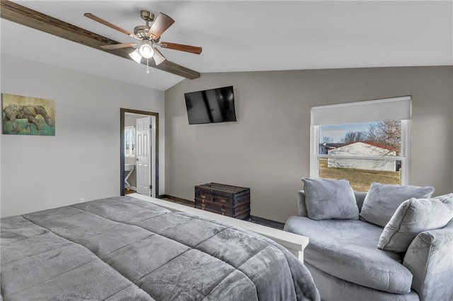 bedroom featuring vaulted ceiling with beams and ceiling fan