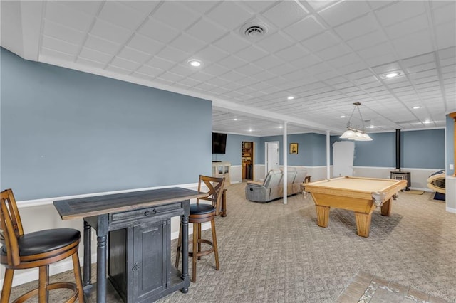 game room featuring carpet, wainscoting, visible vents, and billiards