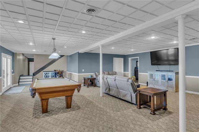 rec room featuring carpet, a paneled ceiling, recessed lighting, visible vents, and billiards