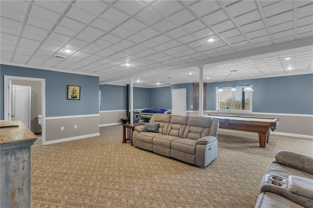 carpeted living area featuring a drop ceiling, recessed lighting, billiards, and baseboards