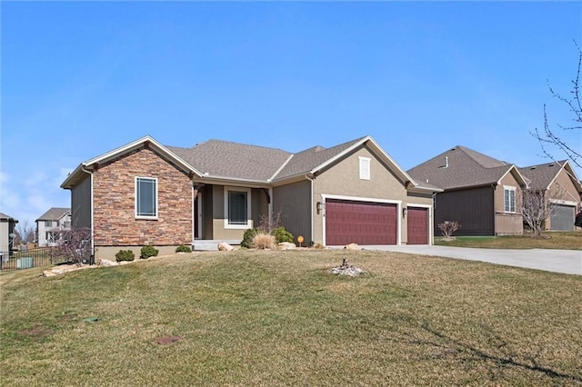 ranch-style home with a front yard, fence, driveway, stone siding, and a garage