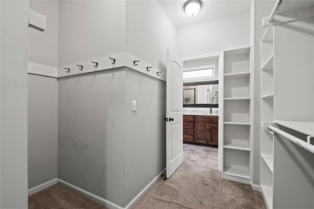 walk in closet with carpet floors