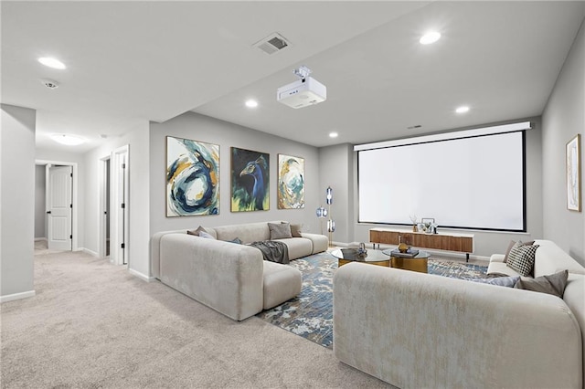 home theater featuring recessed lighting, visible vents, carpet floors, and baseboards