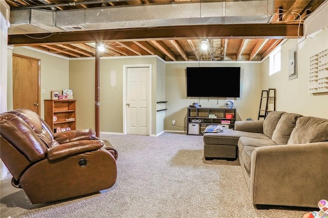 living room with beam ceiling, visible vents, baseboards, and carpet floors