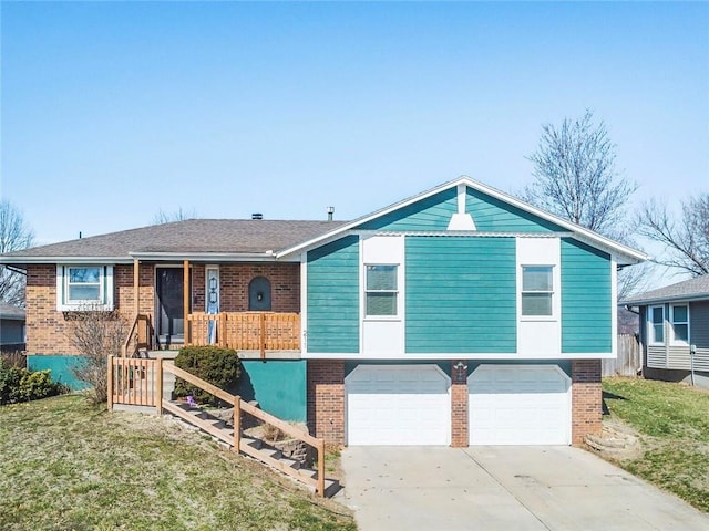 view of front facade featuring a front lawn, a porch, concrete driveway, a garage, and brick siding