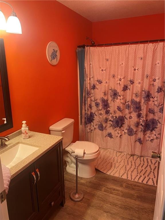 200 Ramsey Dr, Craig, MO 64437 - bathroom featuring toilet, a shower with shower curtain, wood finished floors, and vanity