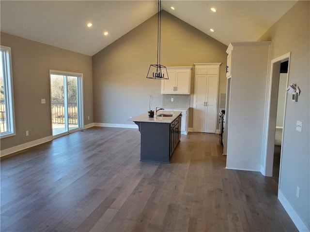 kitchen with dark wood finished floors, open floor plan, a kitchen island with sink, high vaulted ceiling, and a sink