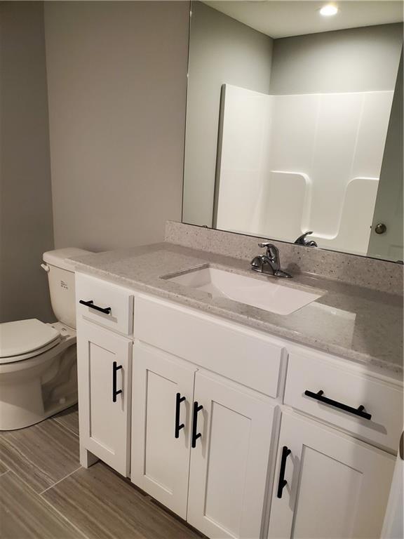 bathroom with vanity, toilet, and wood finished floors