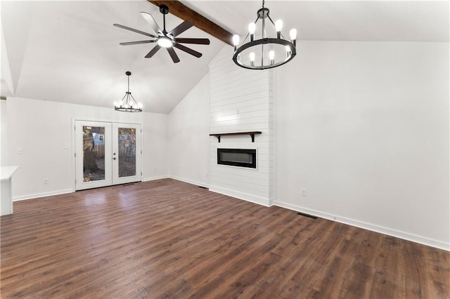 unfurnished living room with baseboards, dark wood finished floors, lofted ceiling with beams, french doors, and a fireplace