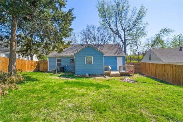 7408 E 57th St, Kansas City, MO 64129 - rear view of house featuring a yard, a fenced backyard, and a deck