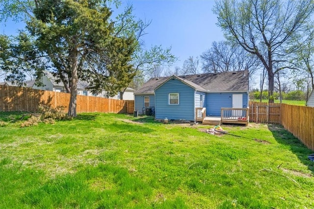 7408 E 57th St, Kansas City, MO 64129 - back of house with a wooden deck, a yard, and a fenced backyard