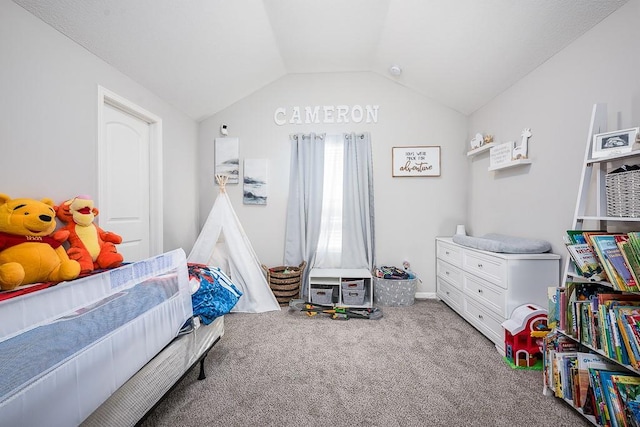 carpeted bedroom featuring vaulted ceiling