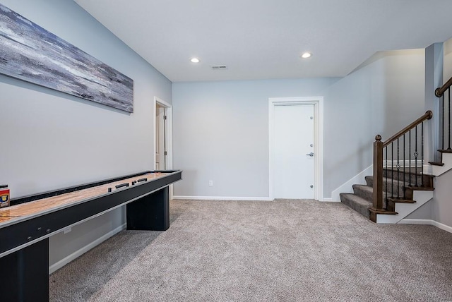 game room with recessed lighting, baseboards, visible vents, and carpet flooring