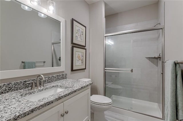 full bath featuring toilet, a shower stall, and vanity