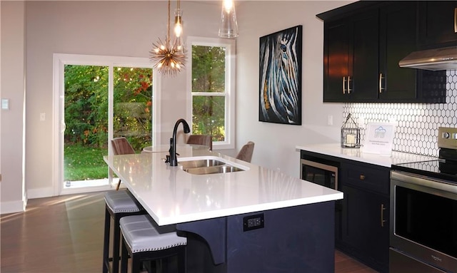 kitchen featuring under cabinet range hood, stainless steel appliances, a sink, a kitchen breakfast bar, and an island with sink