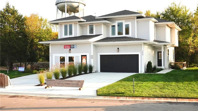 view of front of property featuring a garage, a shingled roof, driveway, stucco siding, and a front yard