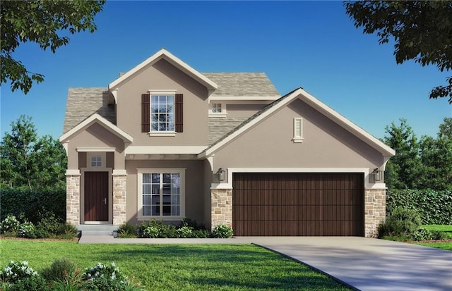 craftsman house featuring stucco siding, stone siding, and a garage