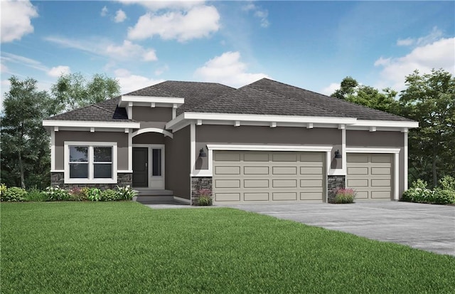 view of front of house with driveway, stucco siding, an attached garage, and a front yard