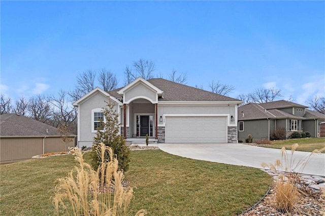 ranch-style house featuring concrete driveway, stone siding, an attached garage, a front lawn, and stucco siding