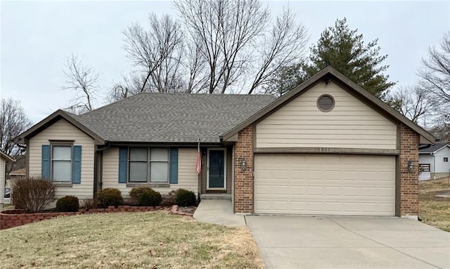 ranch-style home with brick siding, roof with shingles, concrete driveway, a garage, and a front lawn