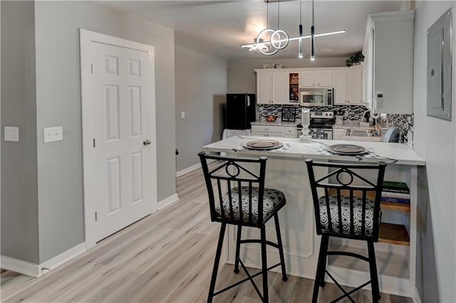 kitchen with a peninsula, electric panel, decorative backsplash, appliances with stainless steel finishes, and white cabinetry