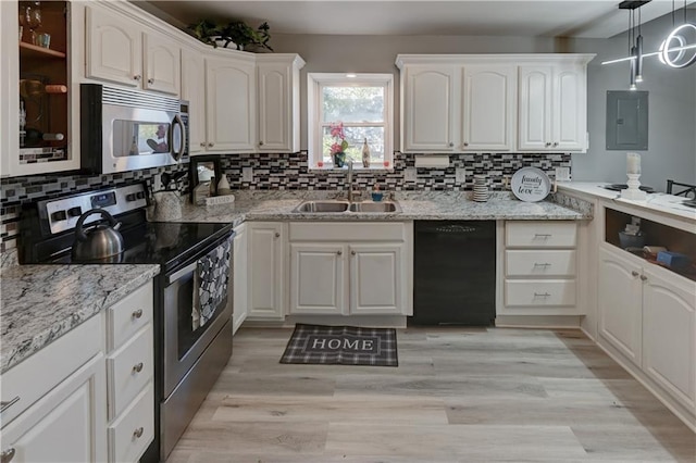 kitchen with light stone counters, electric panel, a sink, white cabinets, and appliances with stainless steel finishes