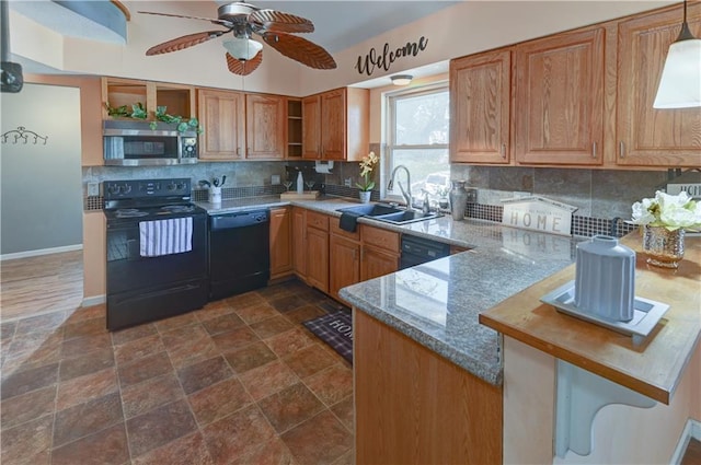 kitchen featuring open shelves, tasteful backsplash, black appliances, and a sink