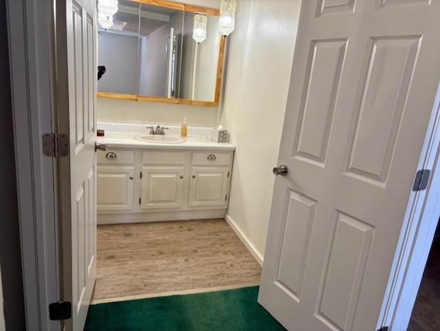 bathroom with vanity, baseboards, and wood finished floors