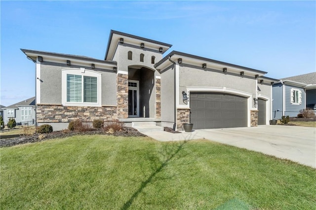 view of front of home with driveway, stone siding, a garage, and stucco siding