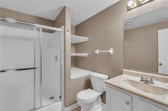 full bath with a shower stall, visible vents, vanity, and toilet