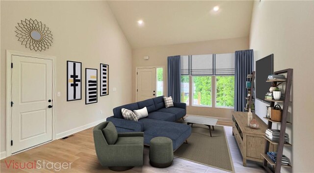 22312 W 76th St, Shawnee, KS 66227 - living room featuring high vaulted ceiling, light wood-type flooring, and recessed lighting