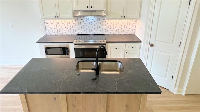 22312 W 76th St, Shawnee, KS 66227 - kitchen with appliances with stainless steel finishes, under cabinet range hood, a center island with sink, light wood finished floors, and decorative backsplash