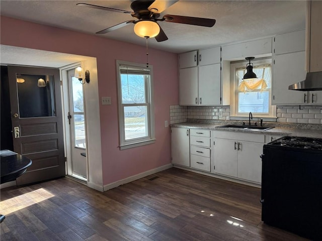 kitchen featuring black gas range oven, backsplash, dark wood finished floors, and a sink