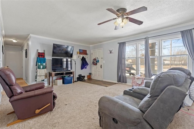 carpeted living area with a textured ceiling, ceiling fan, baseboards, and crown molding