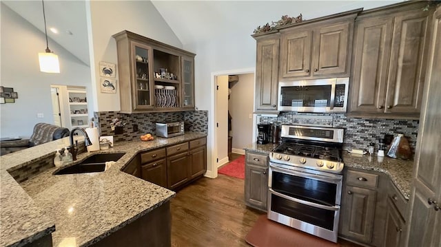 kitchen with stainless steel appliances, glass insert cabinets, a sink, dark brown cabinetry, and light stone countertops