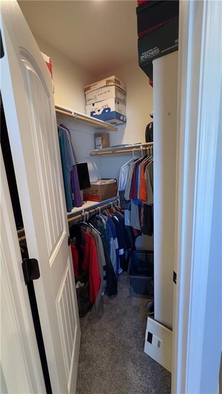 spacious closet featuring dark carpet