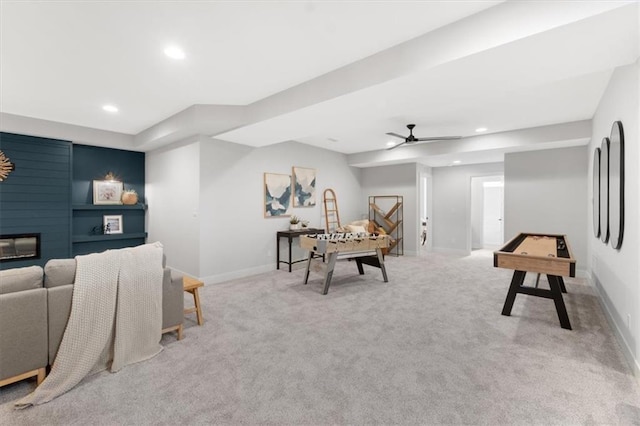 recreation room with ceiling fan, recessed lighting, carpet flooring, and baseboards