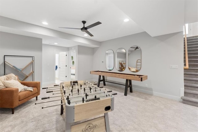 rec room featuring baseboards, recessed lighting, a ceiling fan, and carpet flooring