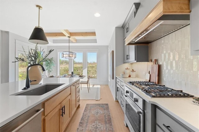 kitchen with appliances with stainless steel finishes, custom exhaust hood, light countertops, and a sink