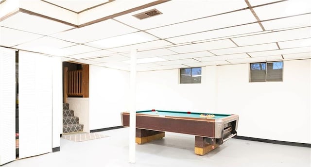 game room with finished concrete flooring, visible vents, a drop ceiling, and pool table