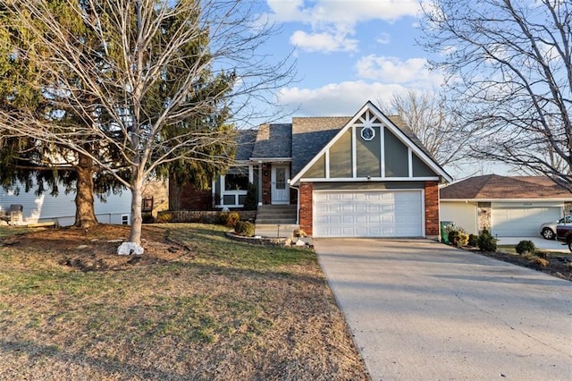 view of front of property with a garage, brick siding, concrete driveway, and a shingled roof