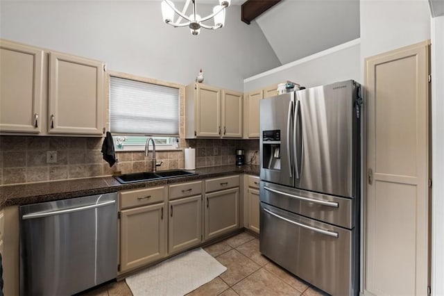 kitchen featuring dark countertops, light tile patterned floors, decorative backsplash, appliances with stainless steel finishes, and a sink