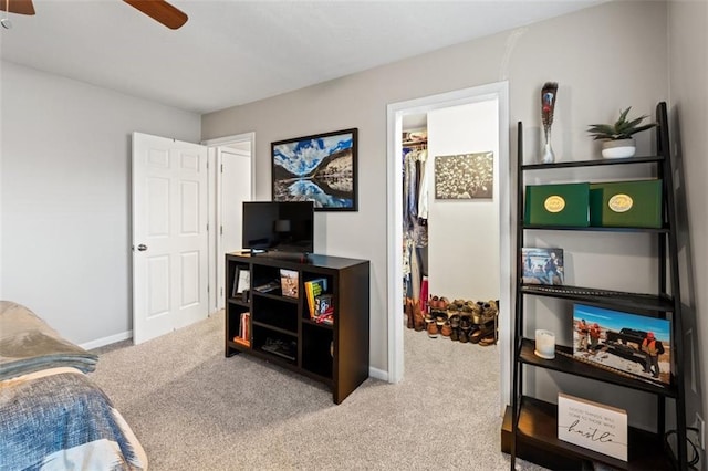 carpeted bedroom featuring a walk in closet, baseboards, a closet, and a ceiling fan