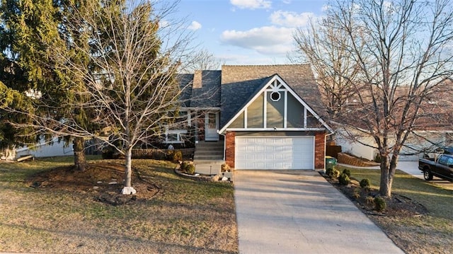 view of front facade with concrete driveway, a front yard, a shingled roof, a garage, and brick siding